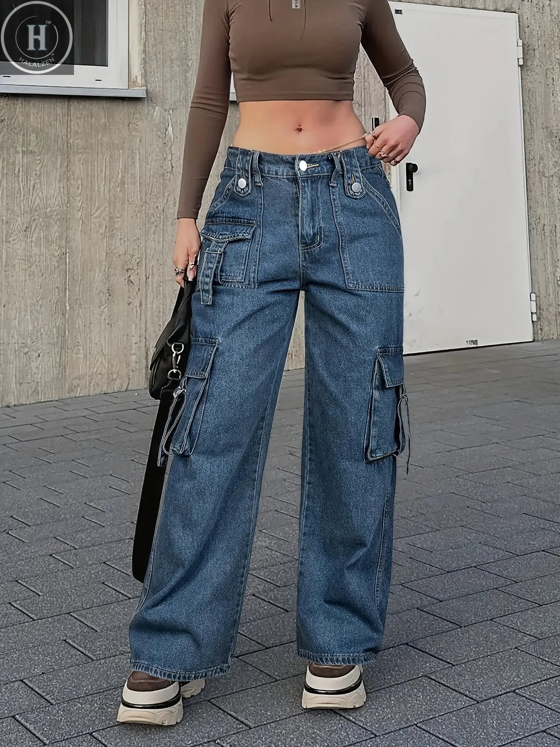 Women's Trendy Cargo Jeans Casual Street Style Zip Multi-Pocket Design With Flap Pockets Tape Elastic Waist Denim Pants Halalzen UK