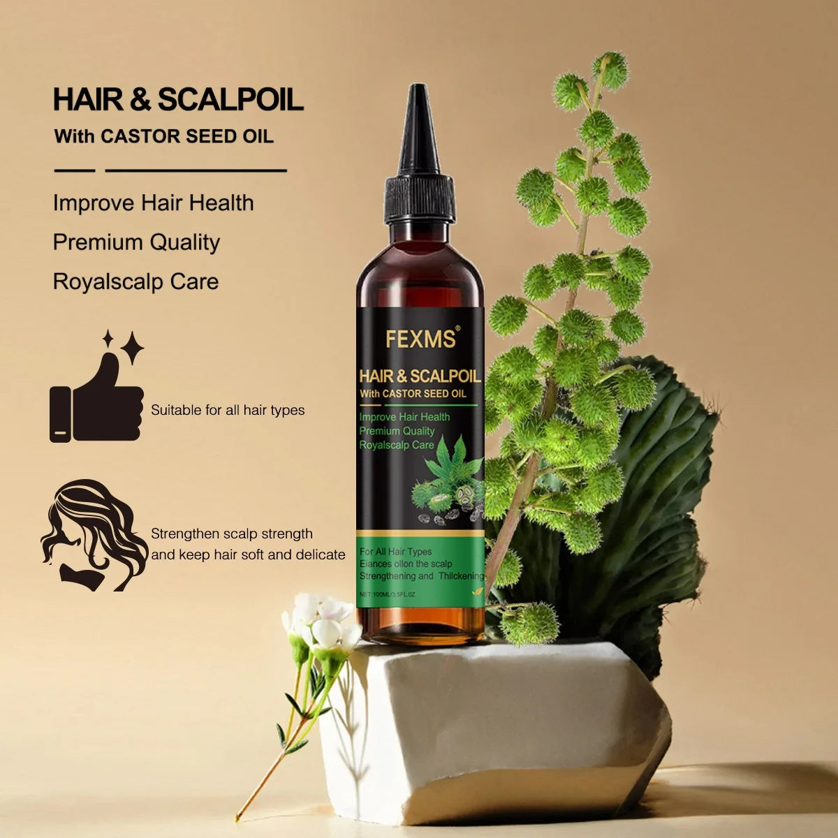 Castor Essential Oil Smooth Shine Anti-Frizz Hair Serum Promote Hair Growth Strengthening Nourishing Scalp Care Oil HALALZEN