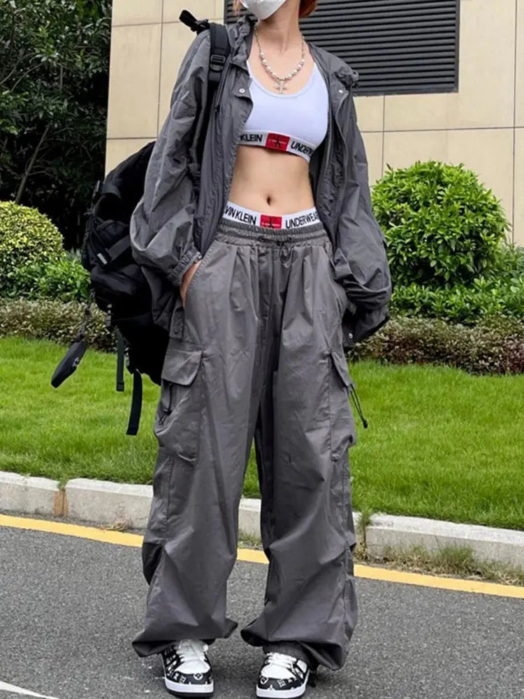 Y2K Parachute Black Pants Women Hippie Streetwear Oversize Pockets Cargo Trousers Harajuku Wide Leg Baggy Sweatpants Halalzen UK