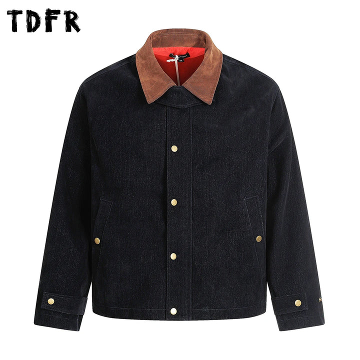 Spliced Cargo Denim Jacket Mens Retro Casual Autumn Lapel Single Breasted Long Sleeve Jeans Jacket Man Outerwear