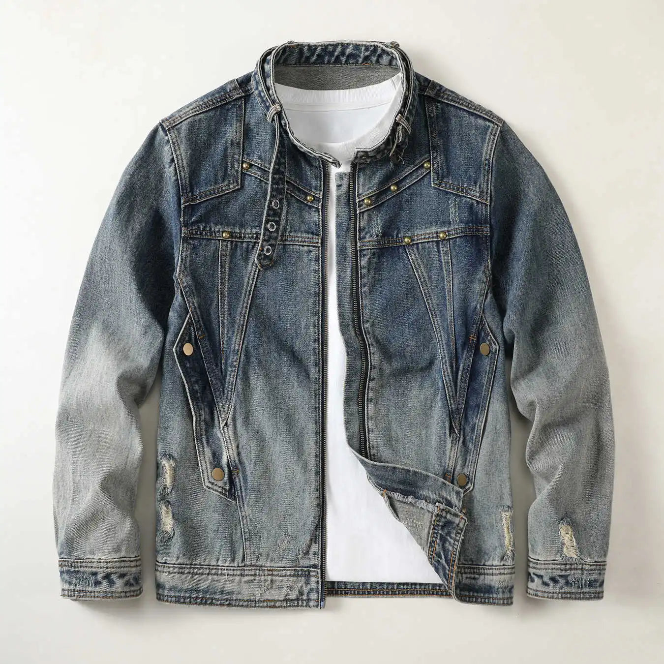 Men Stand Collar Loose Casual Gradient Splice Washed Denim Rivet Punk Rock Motorcycle Jacket Cityboy Plus Size Jeans Coat