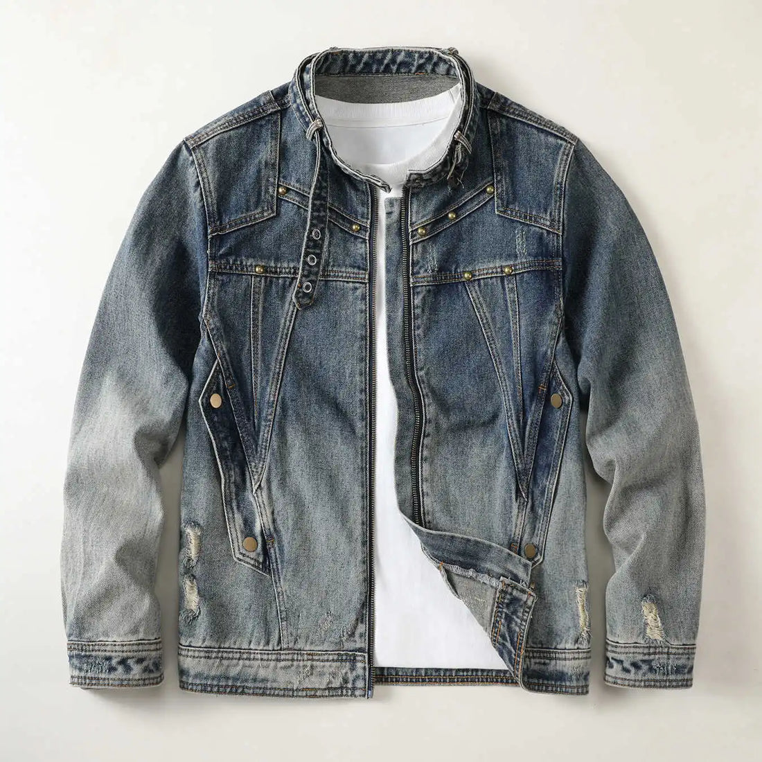 Men Stand Collar Loose Casual Gradient Splice Washed Denim Rivet Punk Rock Motorcycle Jacket Cityboy Plus Size Jeans Coat