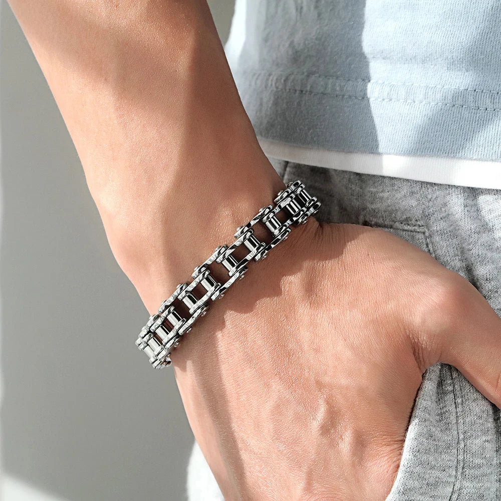100% S925 Sterling Silver Punk Bicycle Chain Bracelet Punk S925 Silver Jewelry Certified Never Fade Men Jewelry Gifts