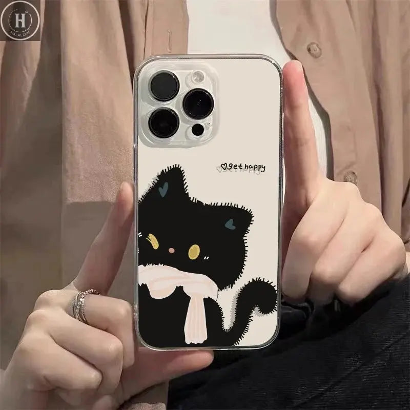 Cartoon Black White Cat Couple Paired Phone Case For iPhone 17 16 Pro Max 15 14 11 12 13 Plus Clear Cover Fundas Halalzen UK