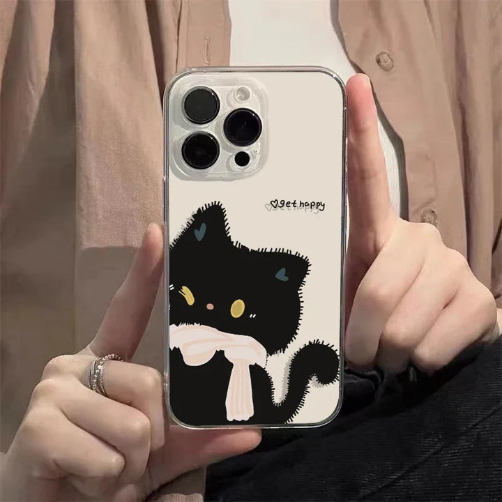 Cartoon Black White Cat Couple Paired Phone Case For iPhone 17 16 Pro Max 15 14 11 12 13 Plus Clear Cover Fundas