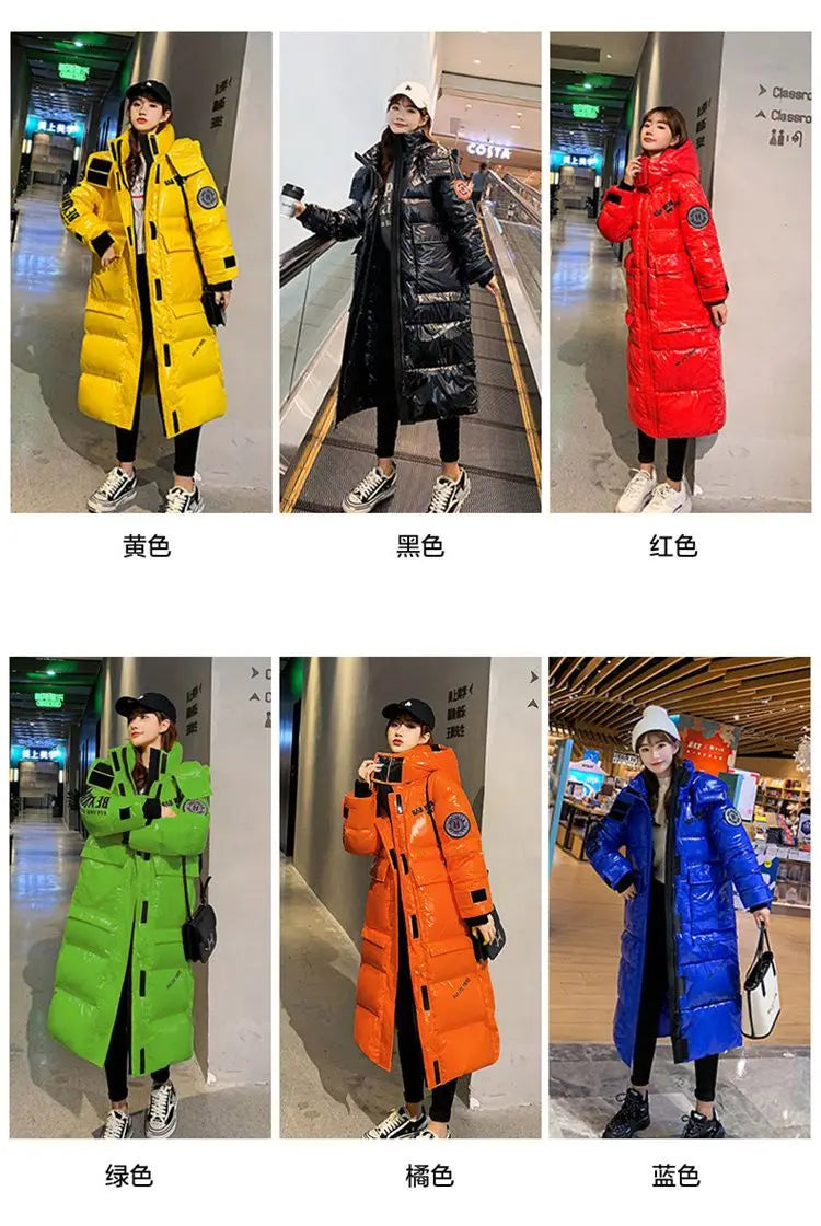 2024 New Waterproof Coats Fashion Winter Down Cotton Jacket Womens Glossy Colorful Femme Thick Warm Long Hooded Puffer Parkas