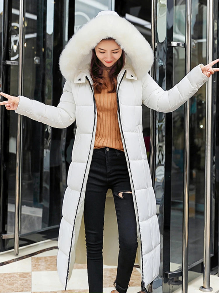 Fashion Warm Hooded Winter Coat Women Fur Collar Jacket Casual Bisic Coats Female Lady Lengthen Thickening Waterproof Slim Parka