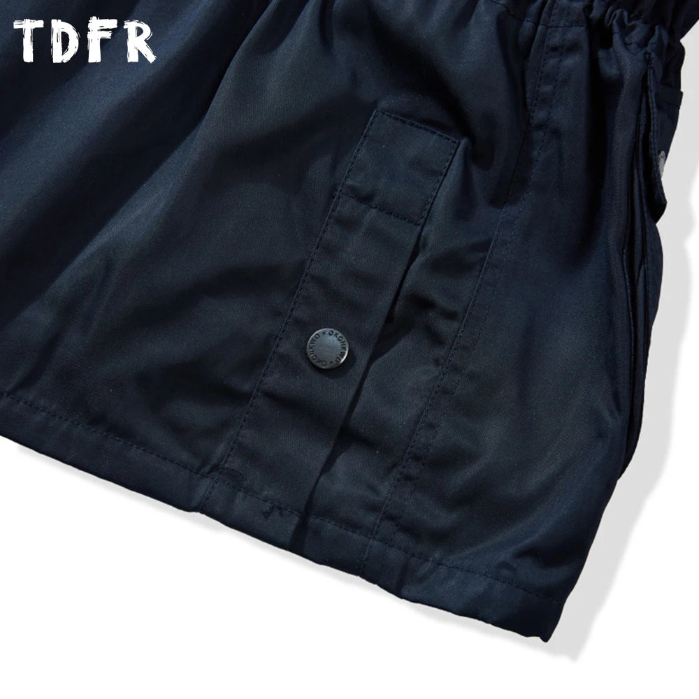 Multi-Pocket Cargo Jacket Mens Solid Color Retro Spliced Lapel Single Breasted Raglan Sleeve Trench Coat Man