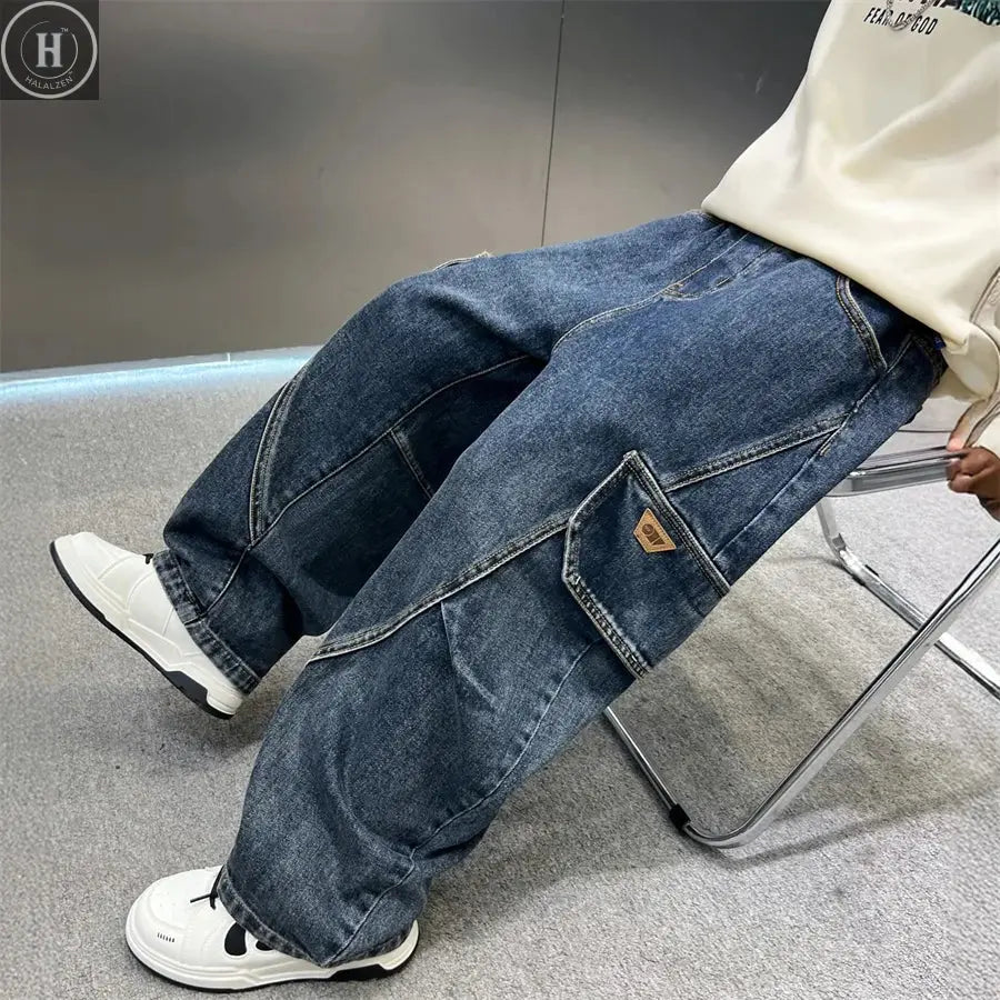 Elegant Children Boy Warm Thermal Cargo Jeans With Pocket Winter Trousers with Fleece Lined Thick Insulated Denim Pants 5-14 Y HALALZEN