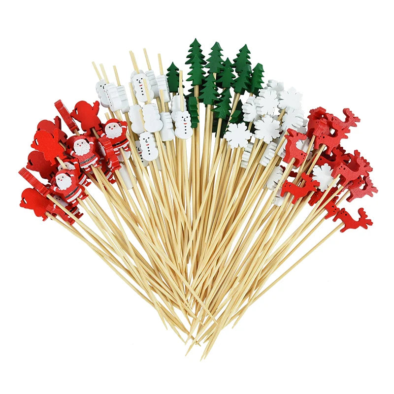 50Pcs Christmas Bamboo Food Picks Toothpicks Santa Dessert Buffet Fruit Salad Christmas Decoration New Year Xmas Party Supplies