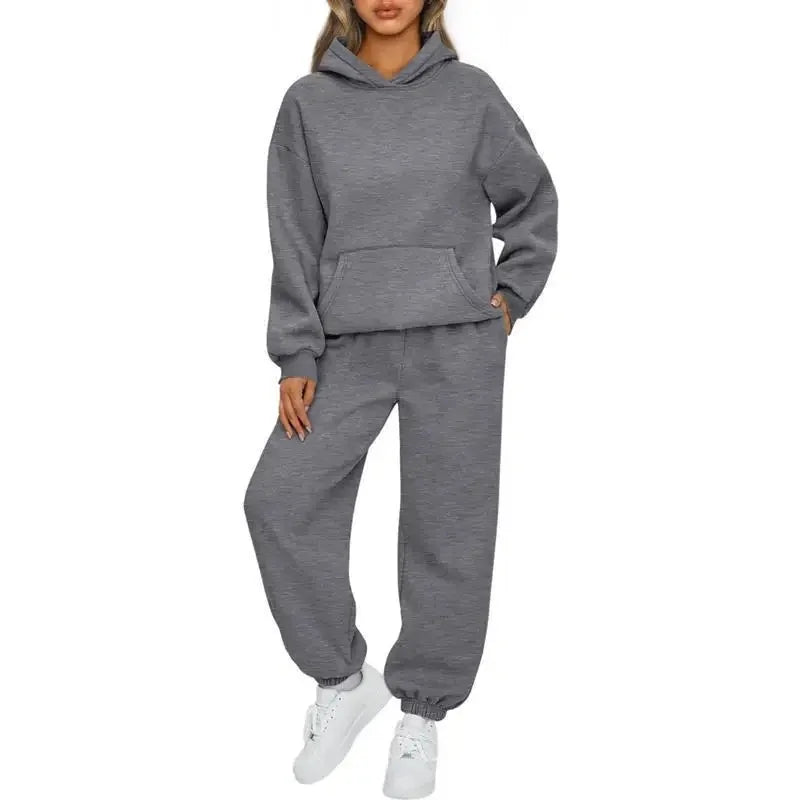 Fashionable Pure Color Autumn Winter Women's Two-Piece Set Casual Hoodie Sportswear Long Pants Ensemble Polyester Fiber