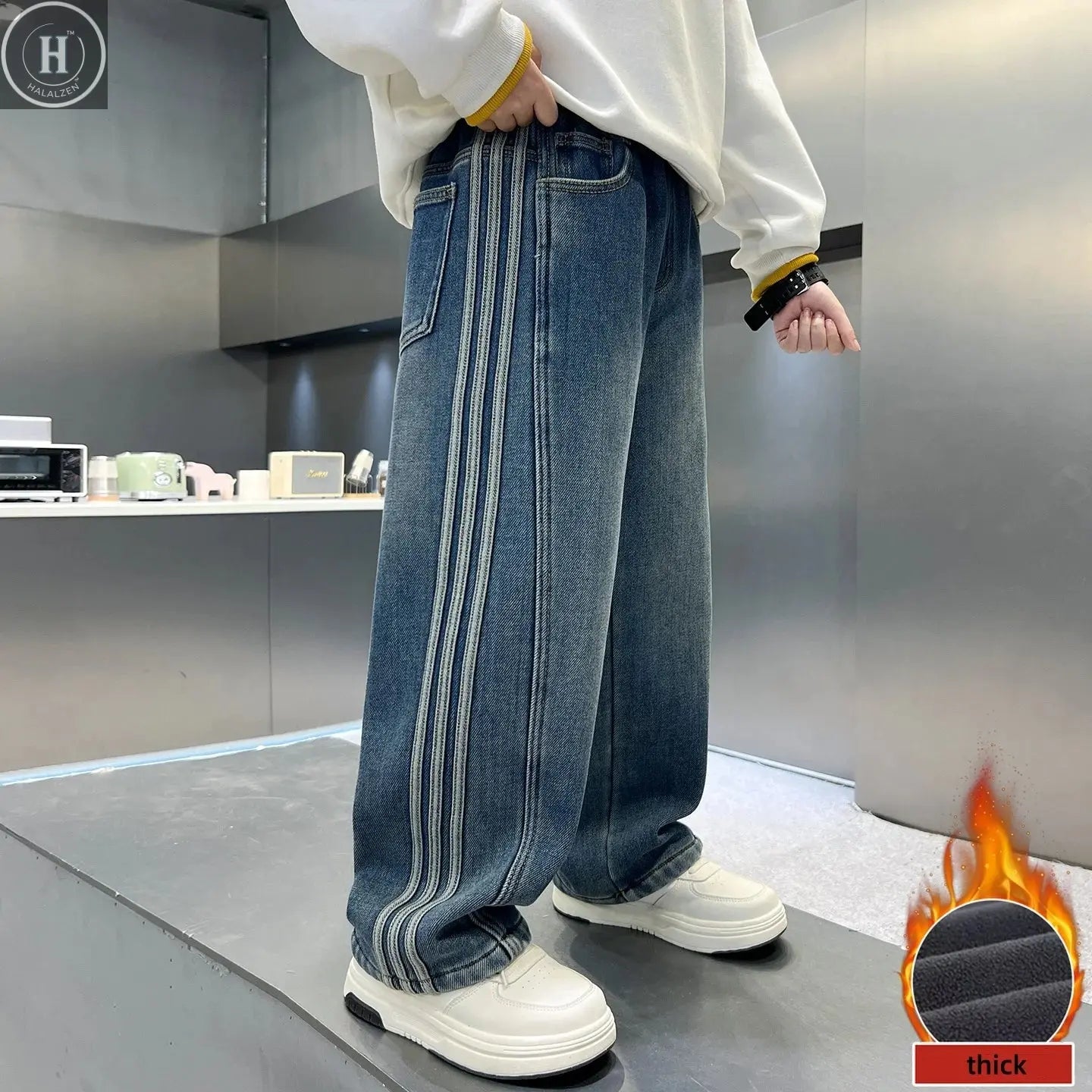 Kids Jeans Fleece Lined 5-16 Years Old Striped Loose Fit Warm Winter Pants Boys Thick Casual Trousers with Side Stripe Decor ﻿ HALALZEN