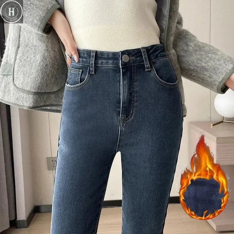 2023 Fashion New Women Warm Plush Flared Jeans Thermal Fleece Loose Denim Pants Female High Waist Urban Straight Flare Trouser Halalzen UK