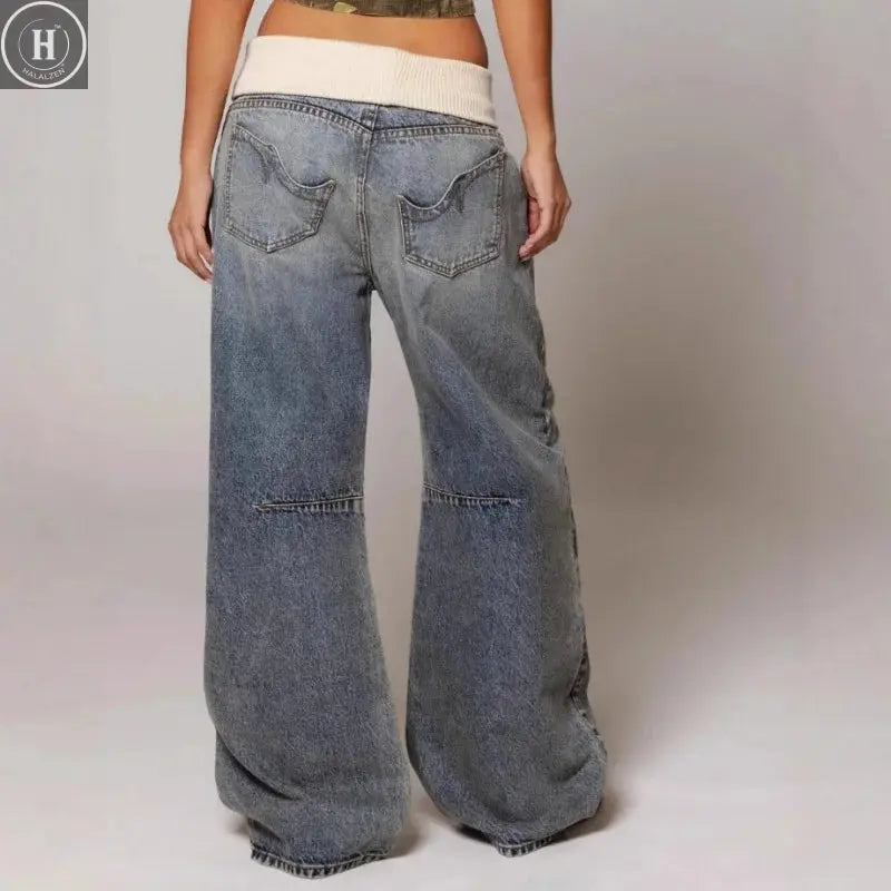 Y2K Hip-hop Stitching Fashion Joker Retro Jeans Female Korean Casual Simple Dress Essential Wide-leg Pants Loose  Joker Overalls Halalzen UK