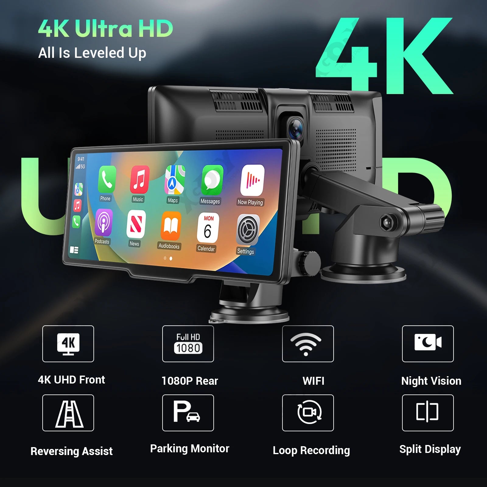 4K 10.26" Touch Screen Car DVR Dashcam Wireless Apple CarPlay Android Auto Dual Lens Video Recorder Dual Dash Cam DVR