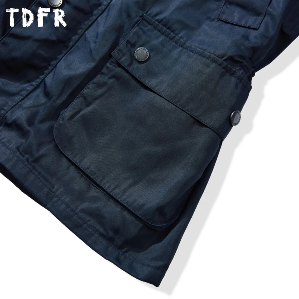 Multi-Pocket Cargo Jacket Mens Solid Color Retro Spliced Lapel Single Breasted Raglan Sleeve Trench Coat Man