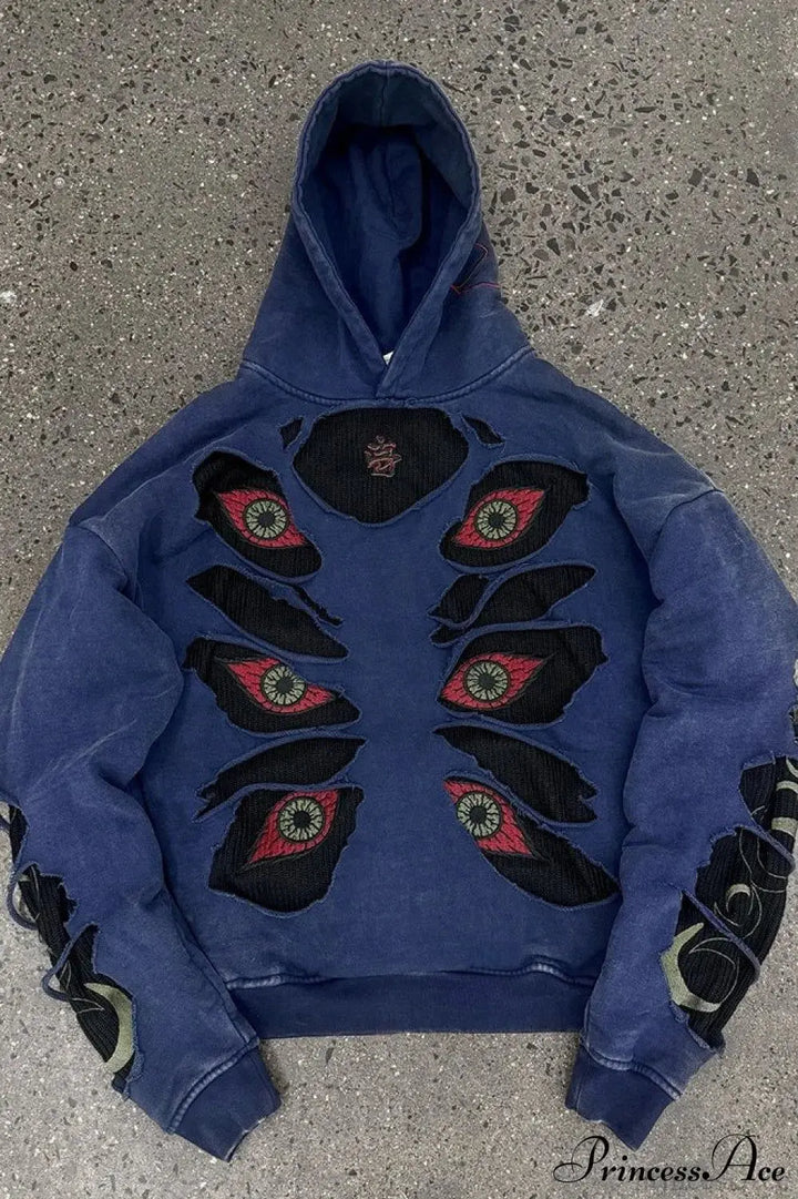 Devil Eye Ripped Embroidered Retro Hoodies Oversized Punk Gothic Casual Hoodie Sweatshirt Harajuku Streetwear Y2k Women Clothing
