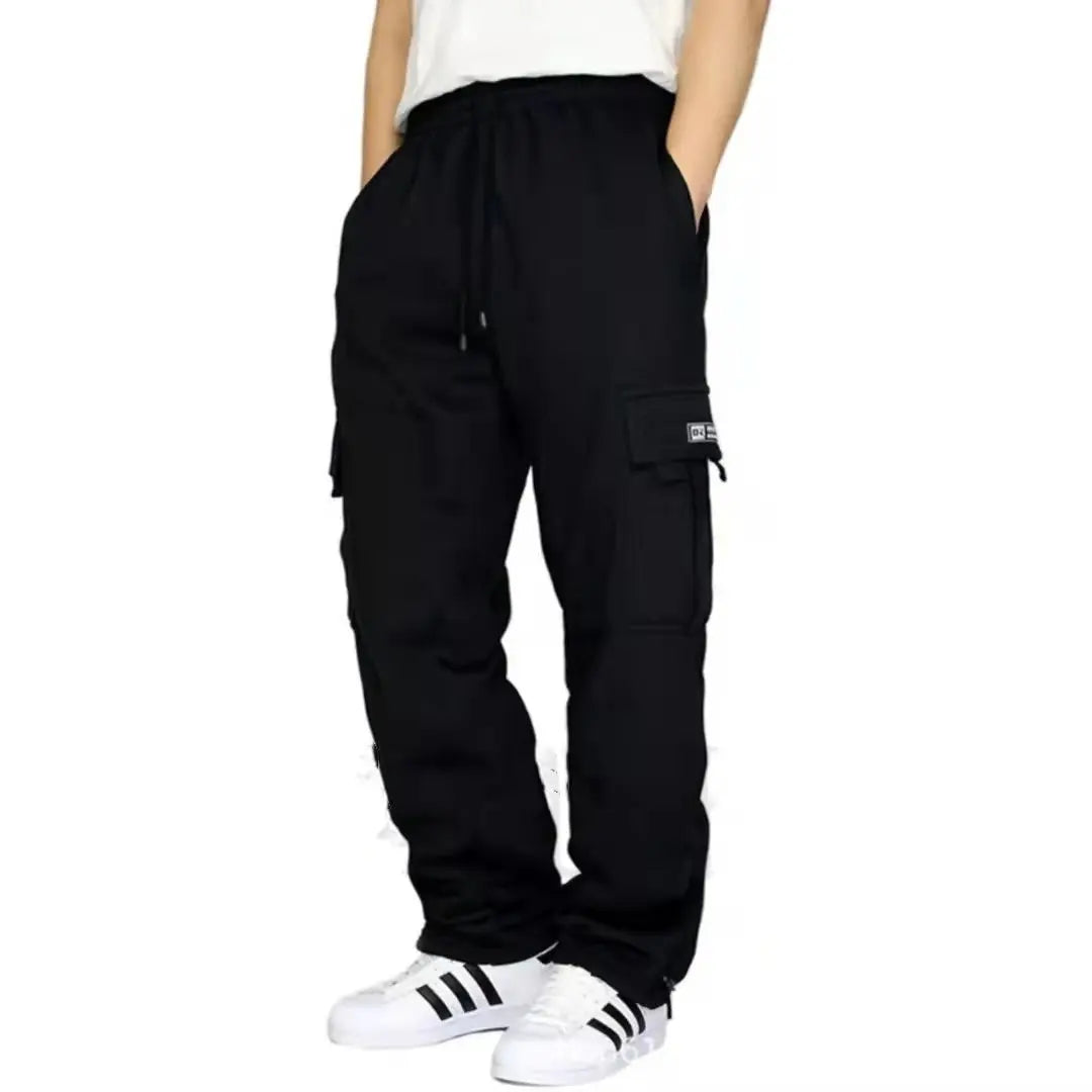 Men's Stretch Elastic Waist Jogger Sweatpants - Black with Multiple Utility Pockets, Drawstring Closure & Side Stripes Halalzen UK