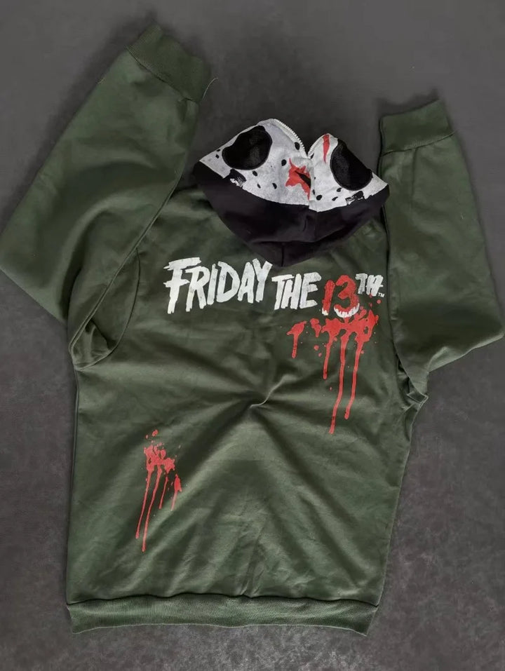 American Goth Harajuku full zipper mask pattern men hoodie Y2K high street palm dark green clothing fashion casual sportswear