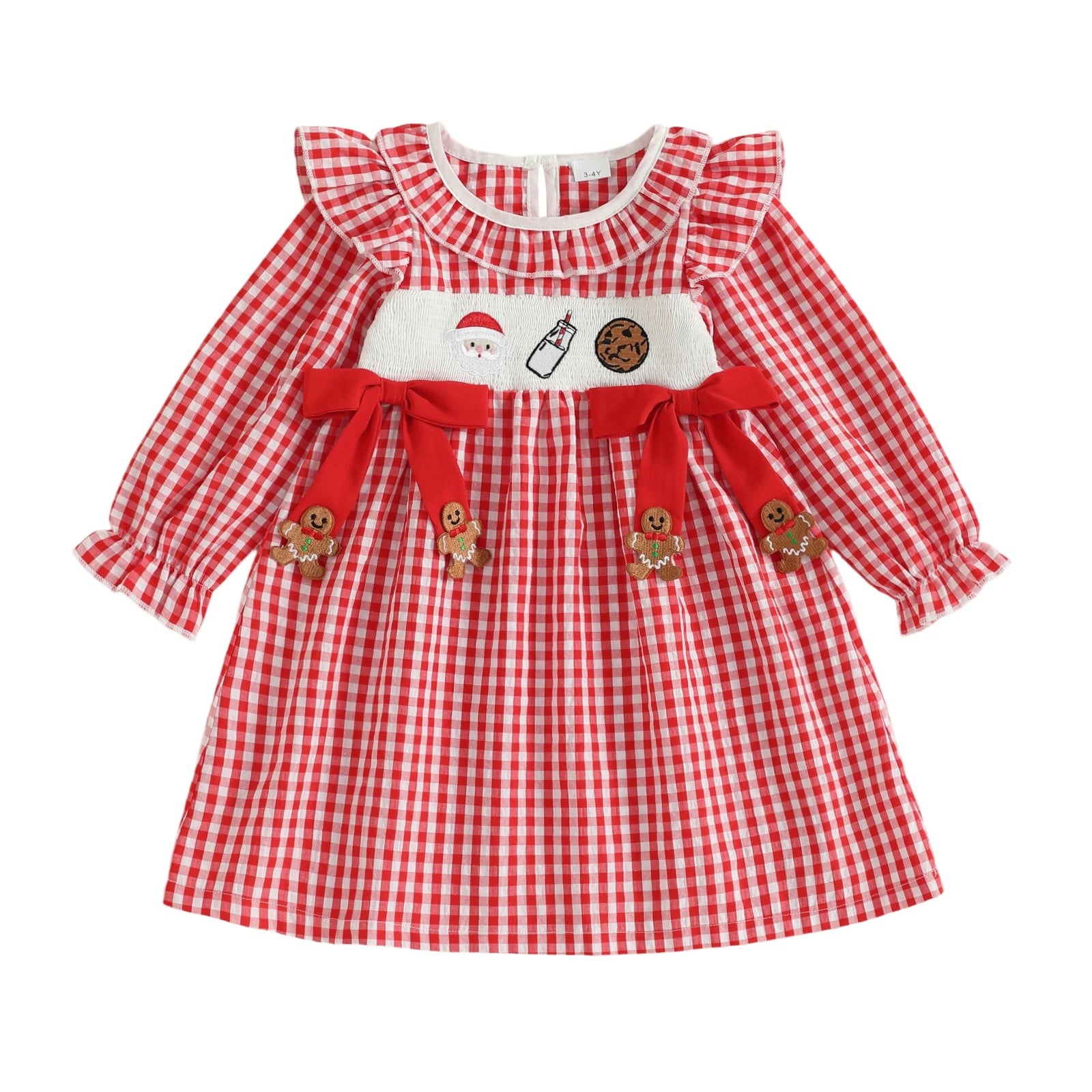 Girls Christmas Dress Long Sleeve Crew Neck Plaid Embroidery Santa Claus Winter Dress with Bow Detail