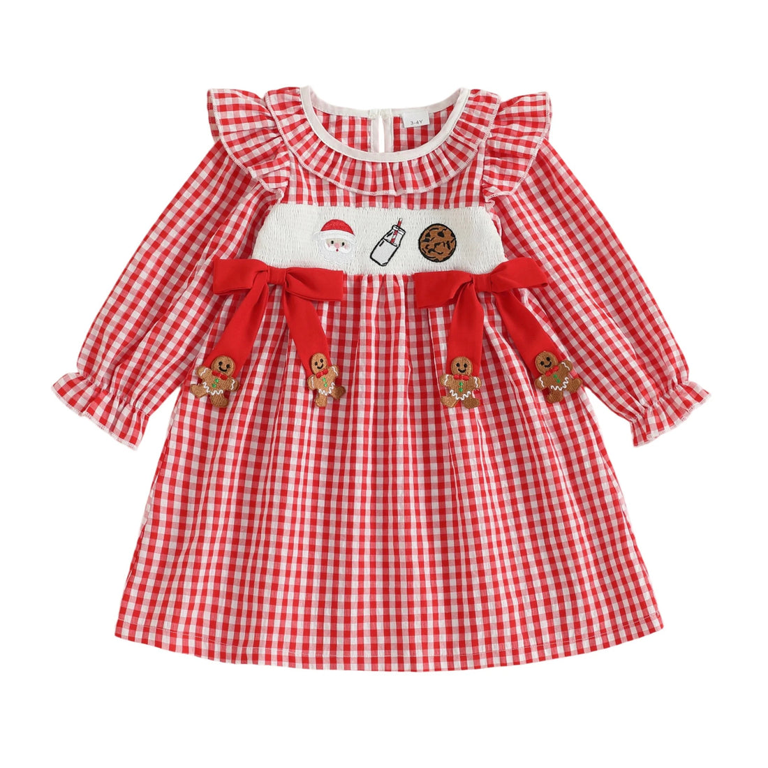 Girls Christmas Dress Long Sleeve Crew Neck Plaid Embroidery Santa Claus Winter Dress with Bow Detail