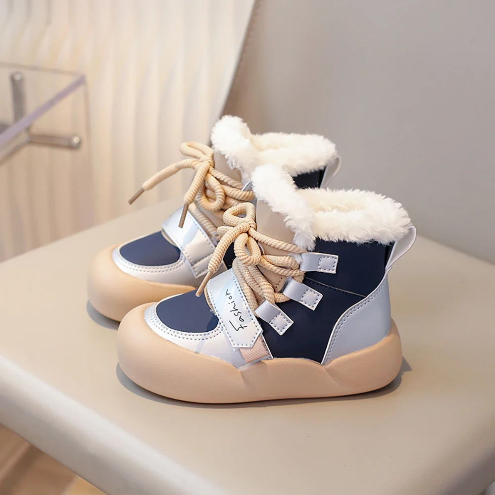 Winter Plush Snow Boots For Children PU Leather Waterproof Cotton Shoes Trend Fashion Teenager Kid's Velvet Boots Winter Shoes