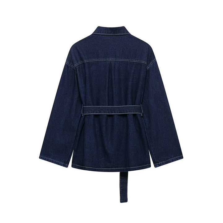 Willshela Women Fashion With Belt Denim Blue Single Breasted Jackets Vintage Lapel Neck Long Sleeves Female Chic Lady Outfits