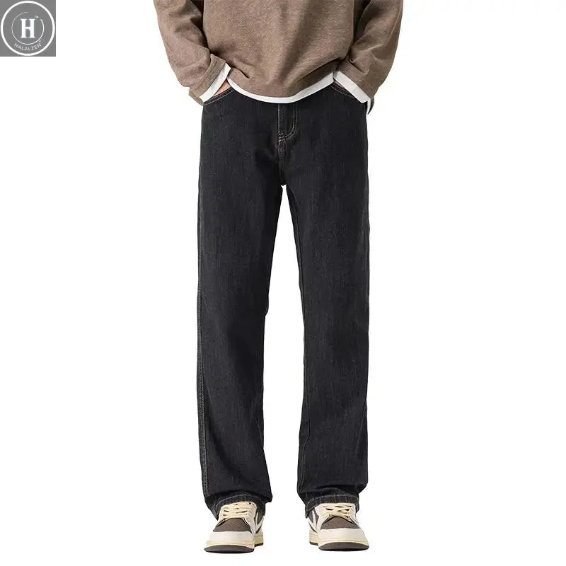High Quality Winter Warm Fleece Thermal Men's Jeans Loose Straight Cotton Casual Wide-leg Business Trousers Man Plus Szie 40 42 HALALZEN