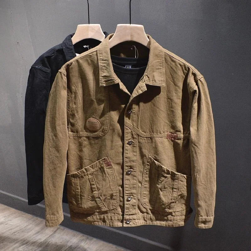 Retro American Cotton Work Jaet Men's Autumn Winter Casual Loose Fit Denim Coat for Welding Wear Resistant Outerwear