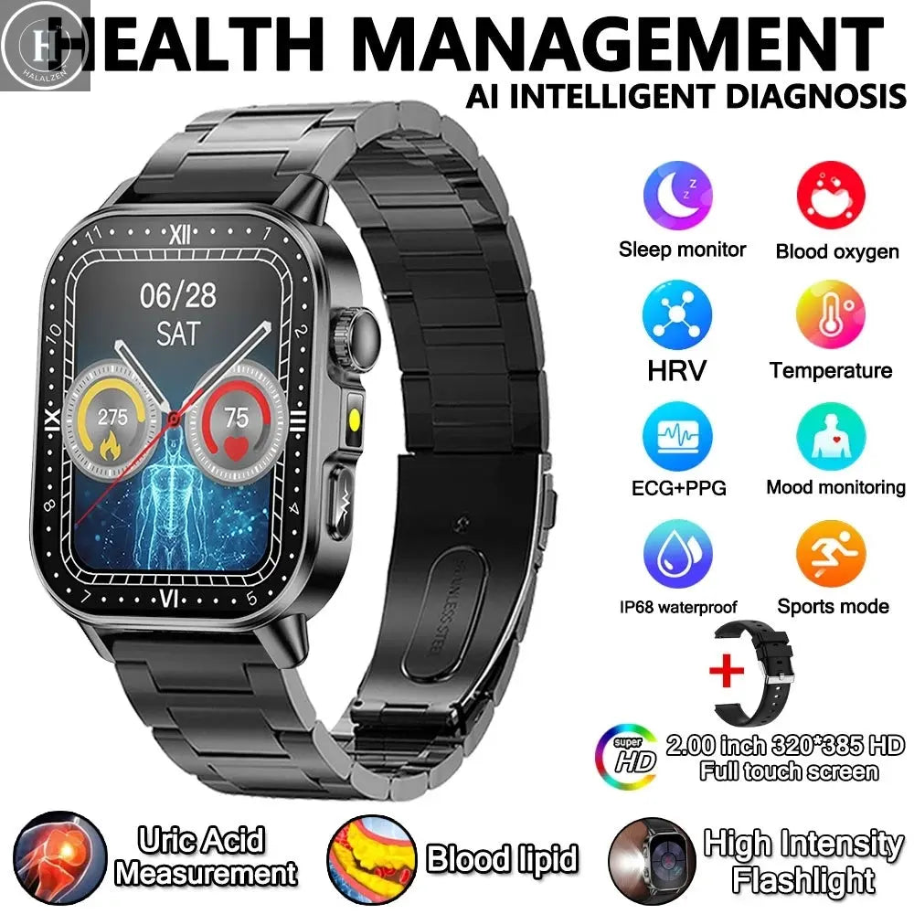 2026 New Model Uric Acid & Lipid Health Analysis Smart Watch Men ECG+PPG Bluetooth Call 2.01-inch Flashlight Smartwatch Women HALALZEN