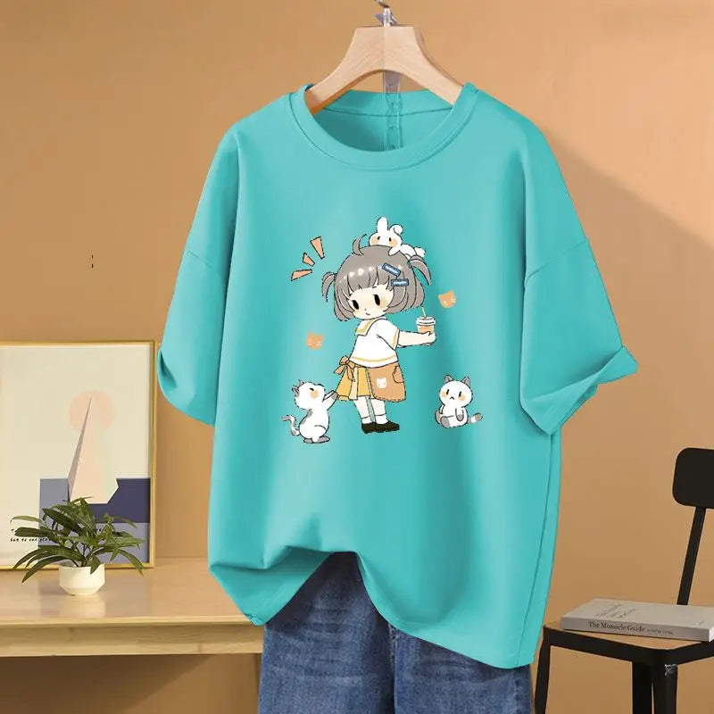 Summer Cartoon Printed T-shirt Loose Pure Cotton Short Sleeve O-neck Pullovers Women's Basic Casual Top Tees