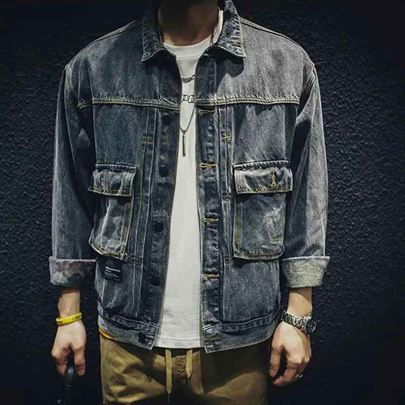 Korean Version Spring And Autumn New Men'S Retro Workwear Casual Denim Jacket Slim Fit Lapel Jacket Large Pocket Denim Jacket