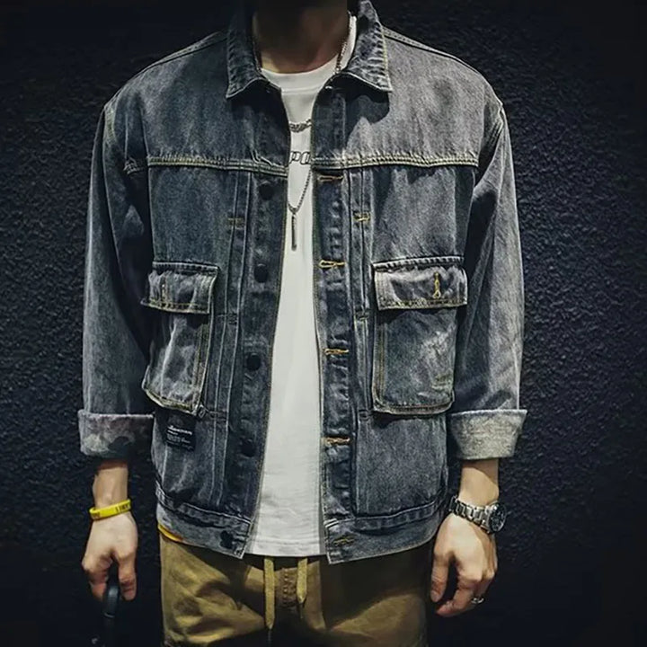 Korean Version Spring And Autumn New Men'S Retro Workwear Casual Denim Jacket Slim Fit Lapel Jacket Large Pocket Denim Jacket