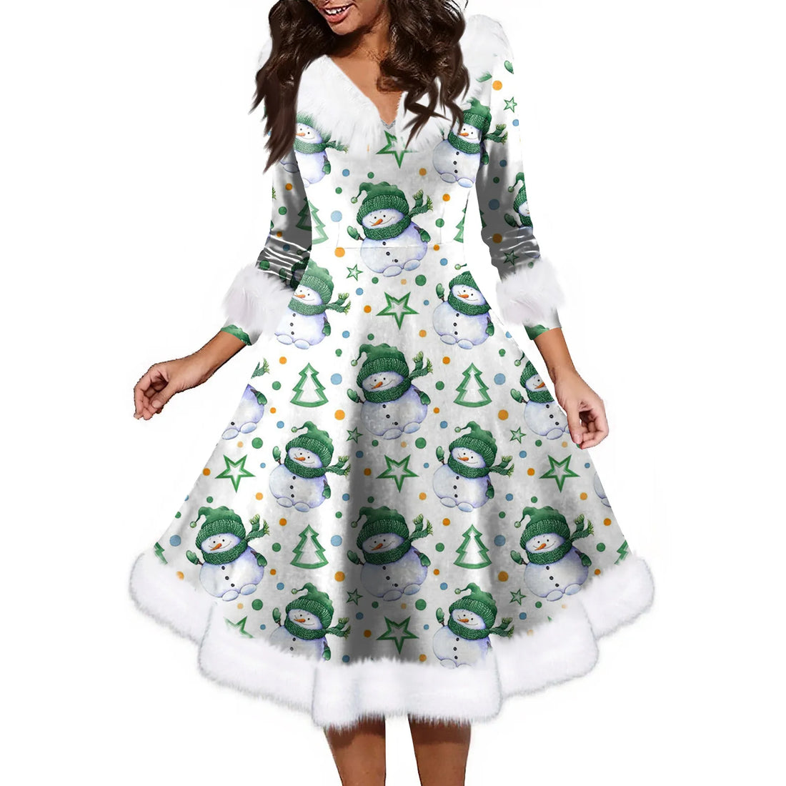 Women'S Fashion V-Neck Casual Fit Christmas Print Party Long Sleeve Dress Elegant Dresses