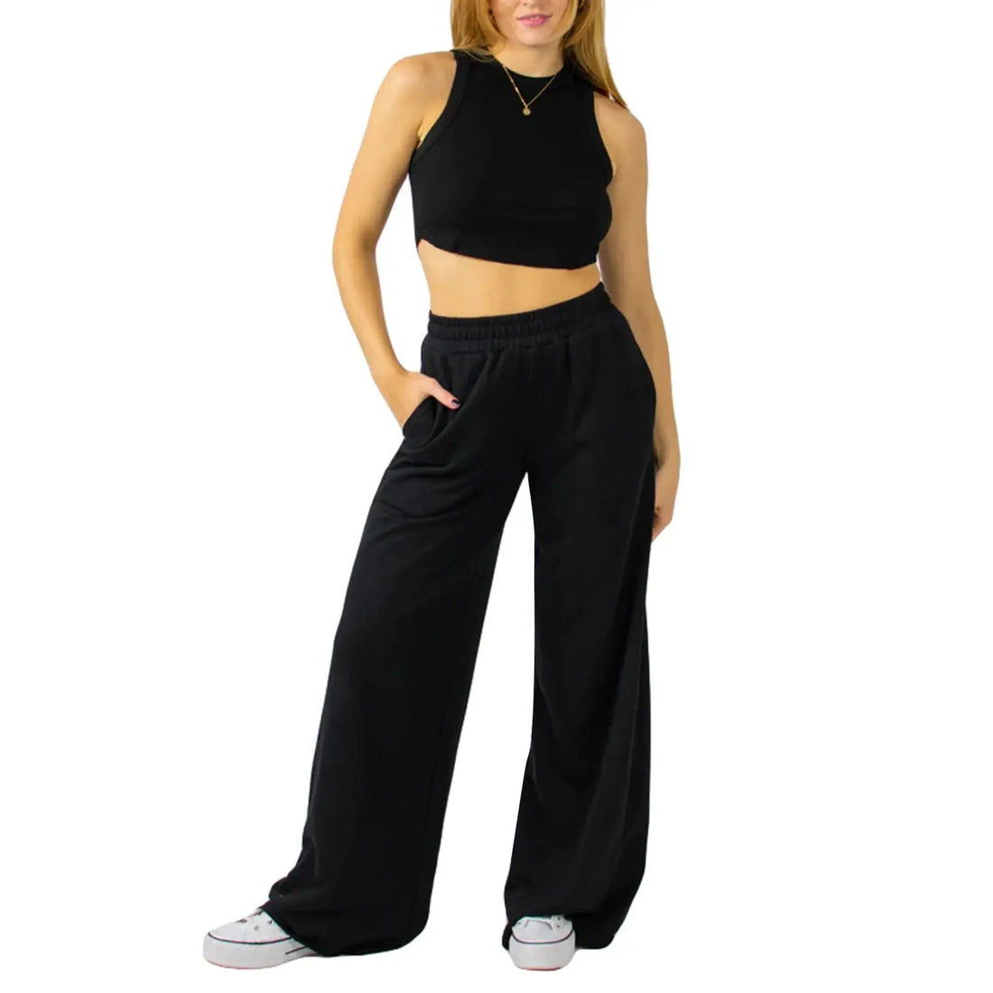 Women s High Waist Wide-Leg Pants in Solid Color Elastic Waistband Loose Fit Casual Fall Sweatpants with Straight Bottoms Halalzen UK