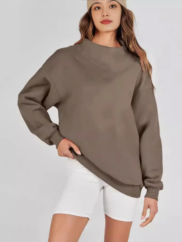 Fashionable Pure Color Stand Collar Sportswear Hoodie for Women Trendy Anti-Aging Autumn Winter Cotton Polyester Street Style