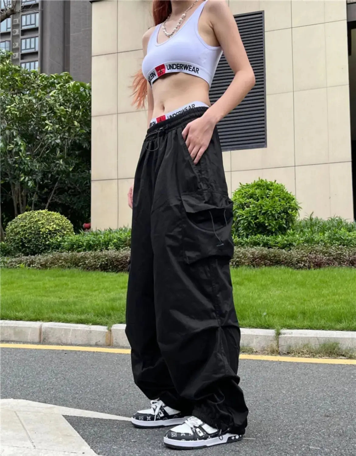 Y2K Parachute Black Pants Women Hippie Streetwear Oversize Pockets Cargo Trousers Harajuku Wide Leg Baggy Sweatpants Halalzen UK