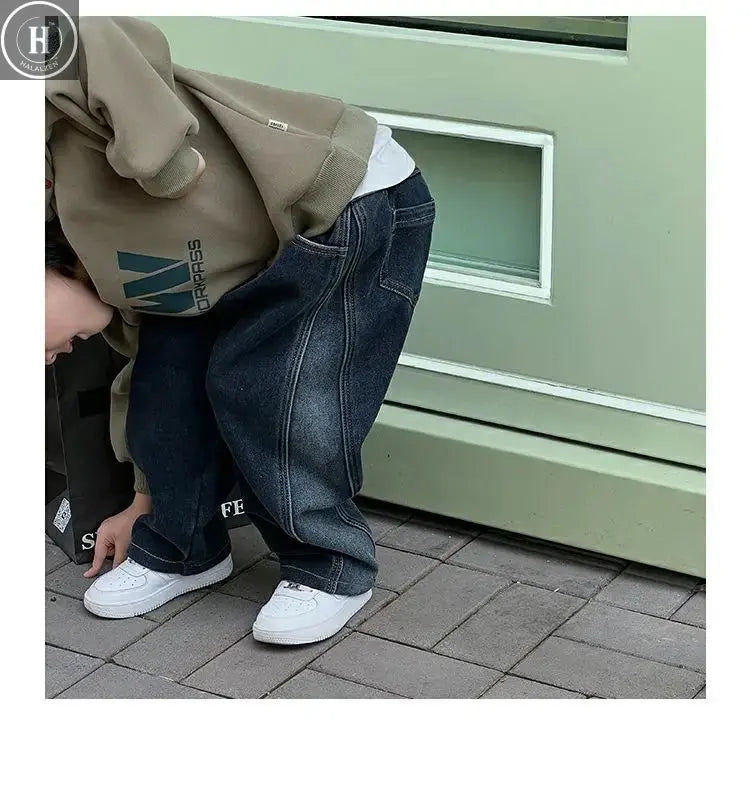 2-12Y Childrens Boys Denim Pants One-piece Fleece Thickened Autumn Winter Casual Kids Baby Boys Pants Toddler Boys Warm Jeans HALALZEN