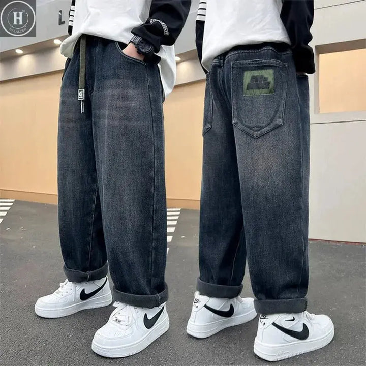 Kids Autumn Winter Fleece-lined Warm Denim Pants 5-14 Years Boys Fashion Letters Straight Loose Jeans Casual Sports Trousers HALALZEN