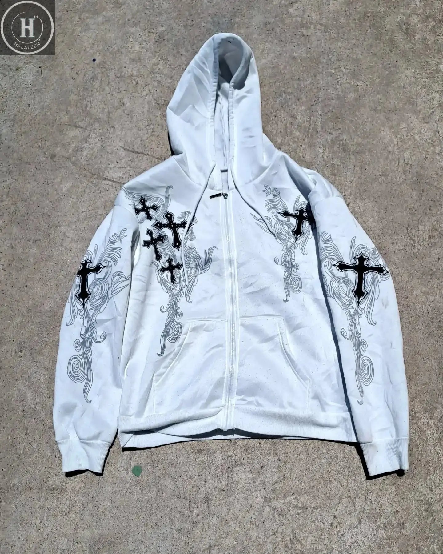 Y2K 2000s Tapout Pink & Black Grunge Angel Wings Spellout Zip Up Hoodie - Large HALALZEN