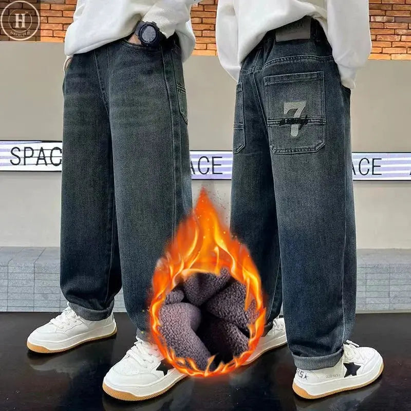 Boys Plush Warm Jeans Autumn Winter Kids Fashion Embroidered Letter Denim Pants Casual Loose Straight Trousers for 5-14 Years HALALZEN