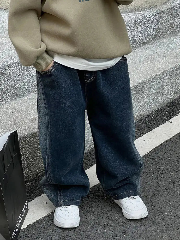 2-12Y Childrens Boys Denim Pants One-piece Fleece Thickened Autumn Winter Casual Kids Baby Boys Pants Toddler Boys Warm Jeans HALALZEN