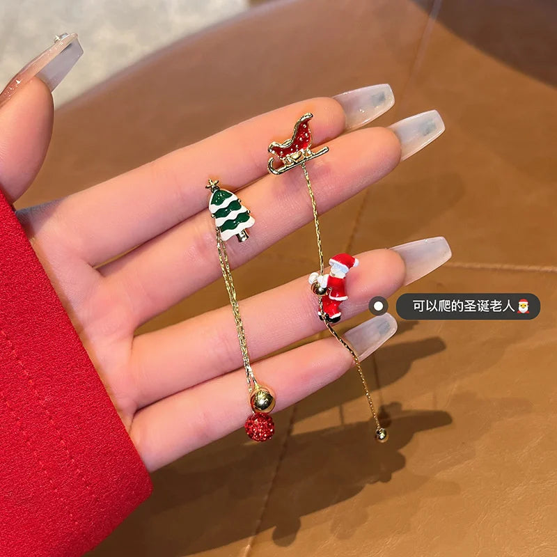 Trendy Asymmetric Xmas Santa Tassel Stud Earrings for Women Jewelry Enamel Christmas Star Tree Gift Box Pierced Dangle Bijoux