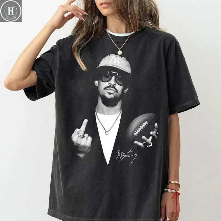 Bad Bunny Bowl 2026 Halftime Show Short Sleeves Cotton T-Shirt Bad Bunny Portrait Print  T-Shirt Graphic Vintage Tee Tops HALALZEN