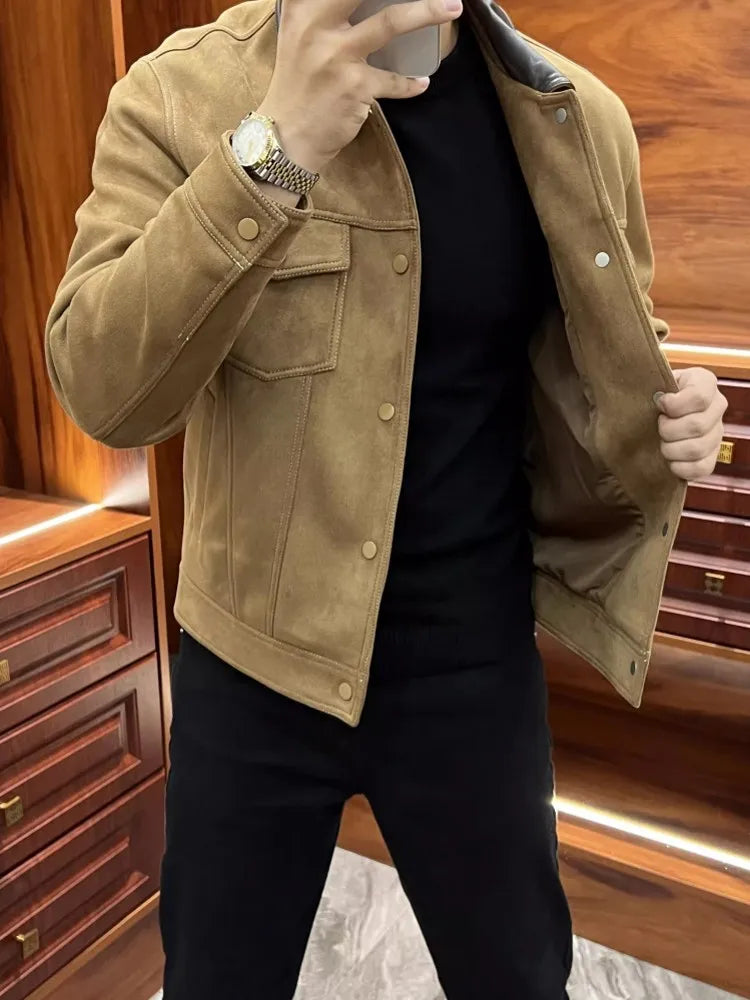 Business Men Slim Fit Autumn Faux Suede Leather Jacket Single Breasted Pu Leather Lapel Collar Coat Fashion Streetwear Outwear