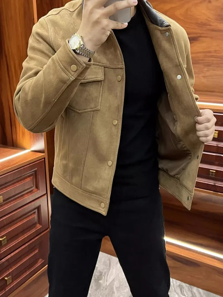 Business Men Slim Fit Autumn Faux Suede Leather Jacket Single Breasted Pu Leather Lapel Collar Coat Fashion Streetwear Outwear