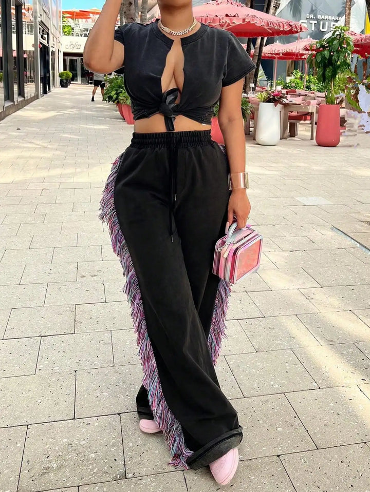 Women's Casual High Waist Fringe Tassel Pants - Drawstring Elastic Waist Long Sweatpants (Streetwear, New Year Warm Thermal)