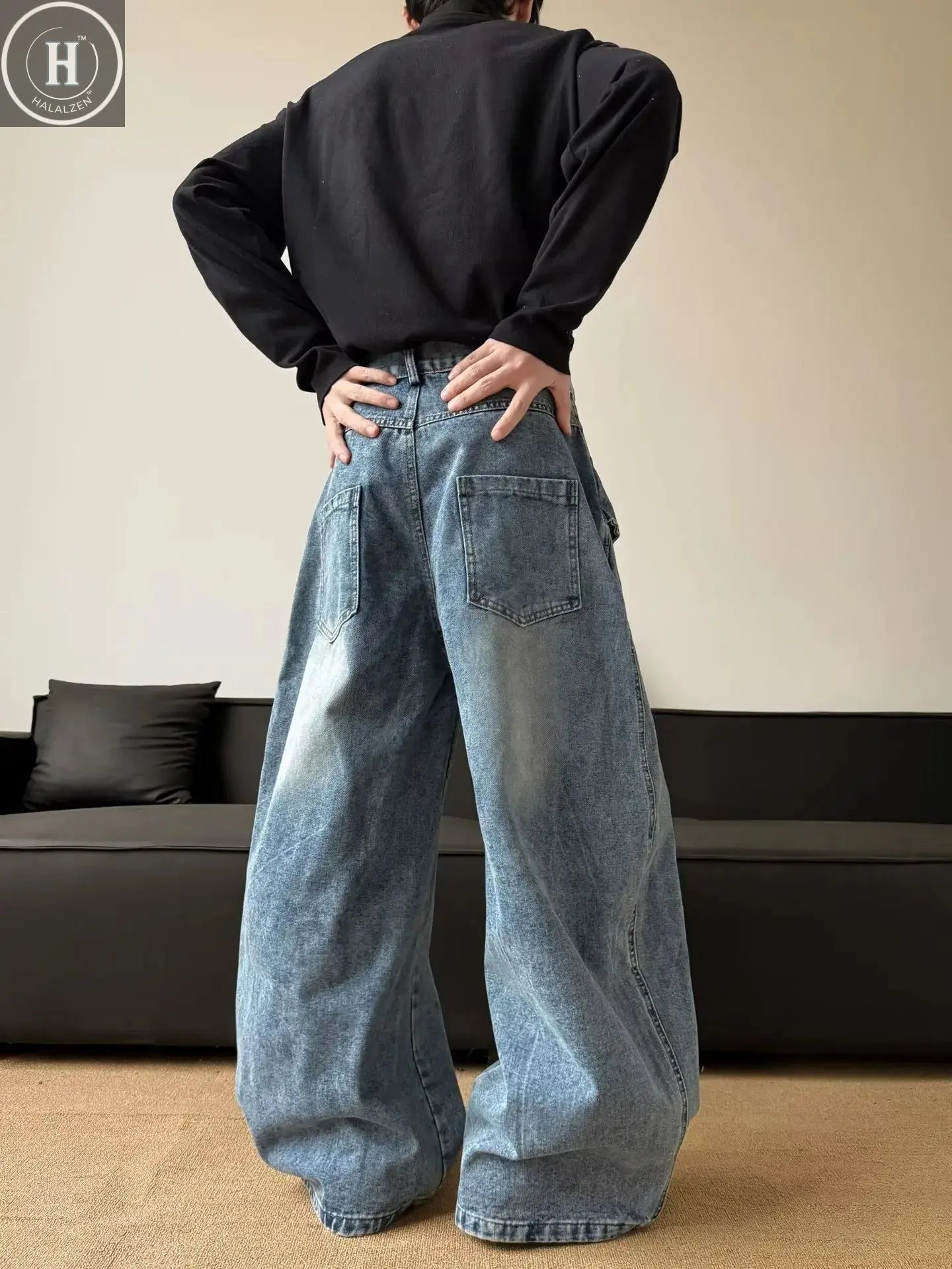 Men's Wide Leg Jeans with Patchwork Embroidery - Deconstructed Scimitar Straight Leg Pants, Button Closure Washed, Loose Fit Ame Halalzen UK