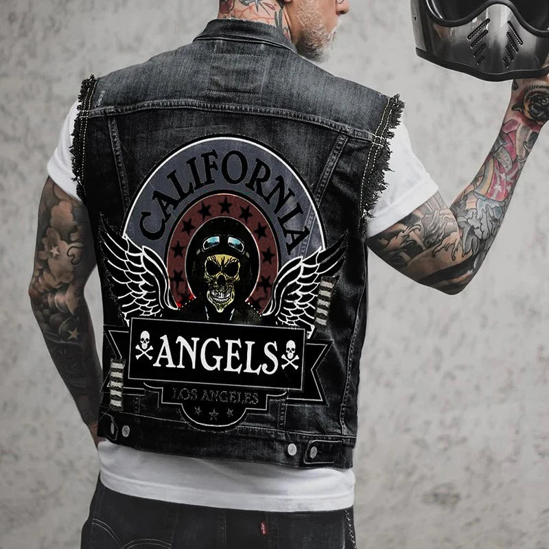 Rock Punk Style Skull Printed Denim Vest Jacket Men Vintage Ripped Buttoned Lapel Waistcoats Mens 2026 Spring Fall Jean Jackets