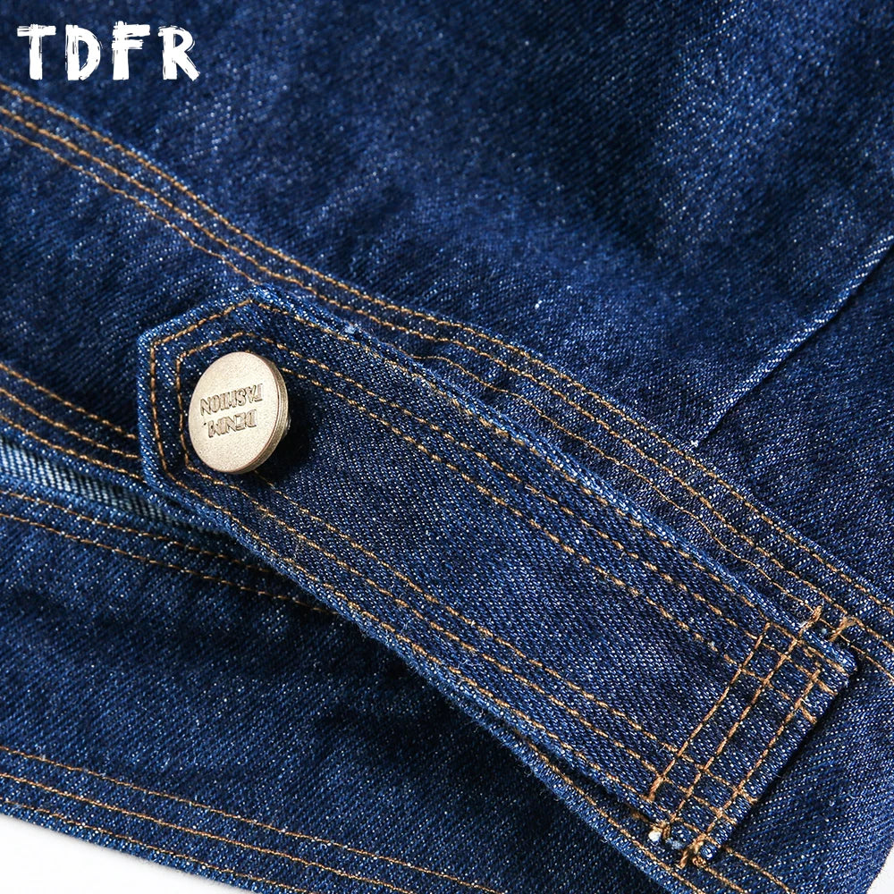 Multi-Pocket Spliced Lapel Denim Jacket Mens Topstitch Retro Casual Autumn Single Breasted Long Sleeve Outerwear Man